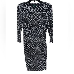 LAUREN RALPH LAUREN Navy White Jersey Knit Ruched Faux Wrap Dress Size S